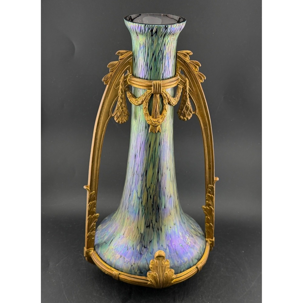 Antique Art Nouveau: Iridescent Art Glass Vase, Gilt Bronze, Mounted Oil Spot